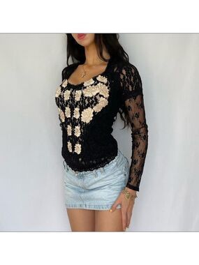 Gothic Coquette Black and Pink Lace Floral Top